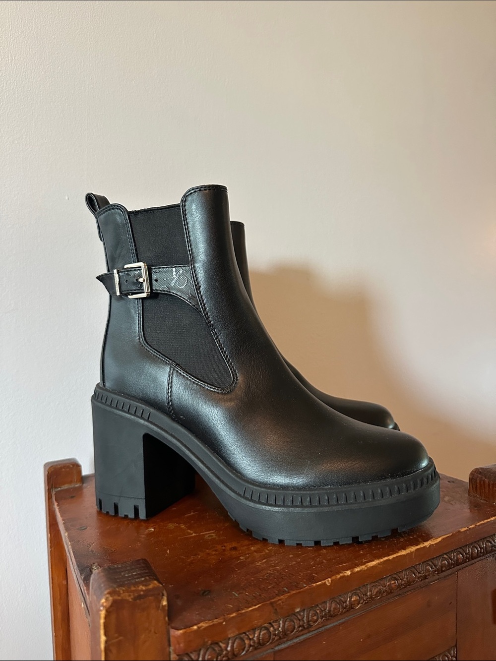 Calvin Klein Black Lug-Sole Chunky Heel Chelsea Boot